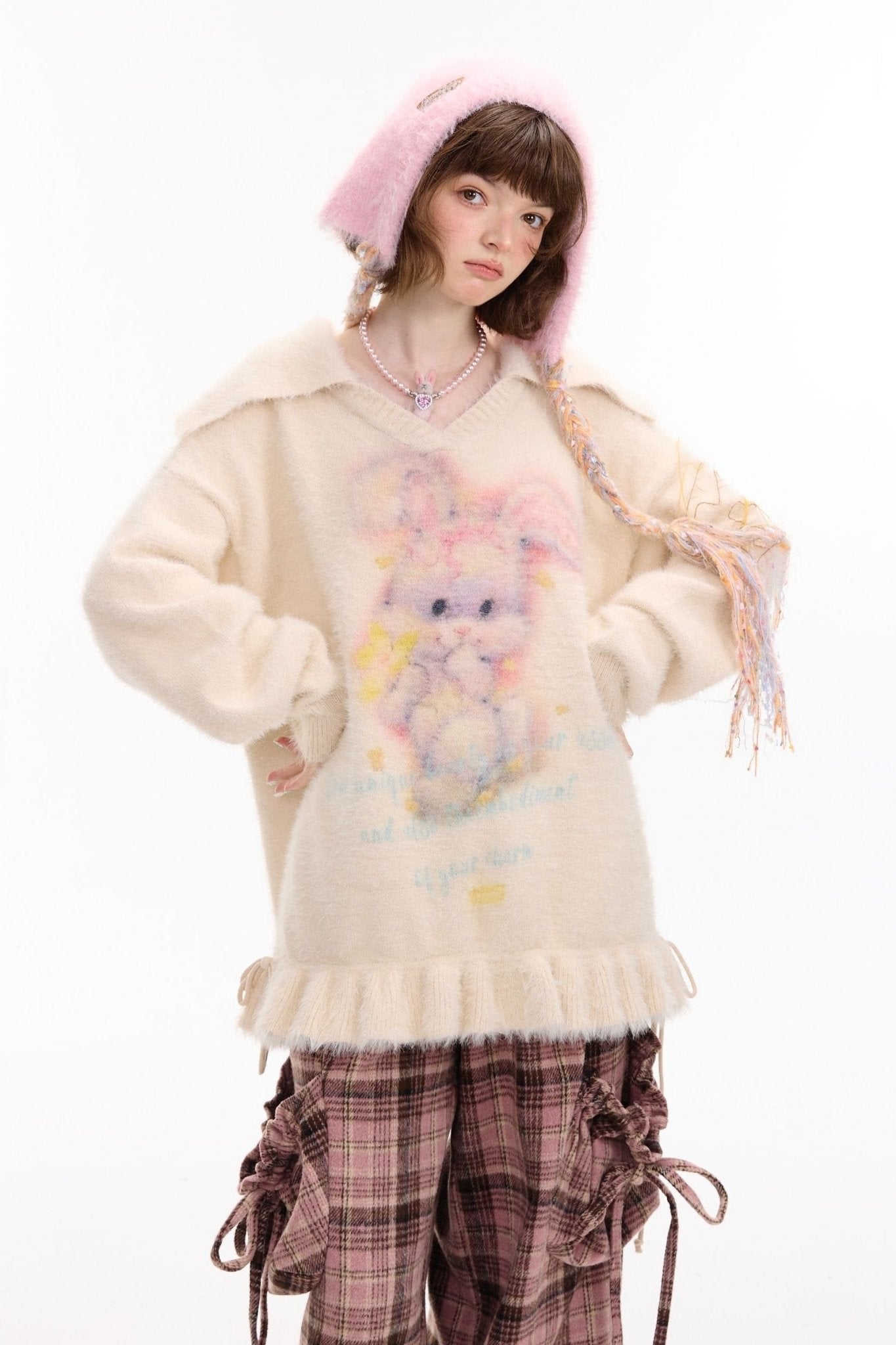 Rabbit Print Polo V - Neck Sweater with Pleated Hem LE1155 - LolitaEraPinkSRabbit Print Polo V - Neck Sweater with Pleated Hem LE1155