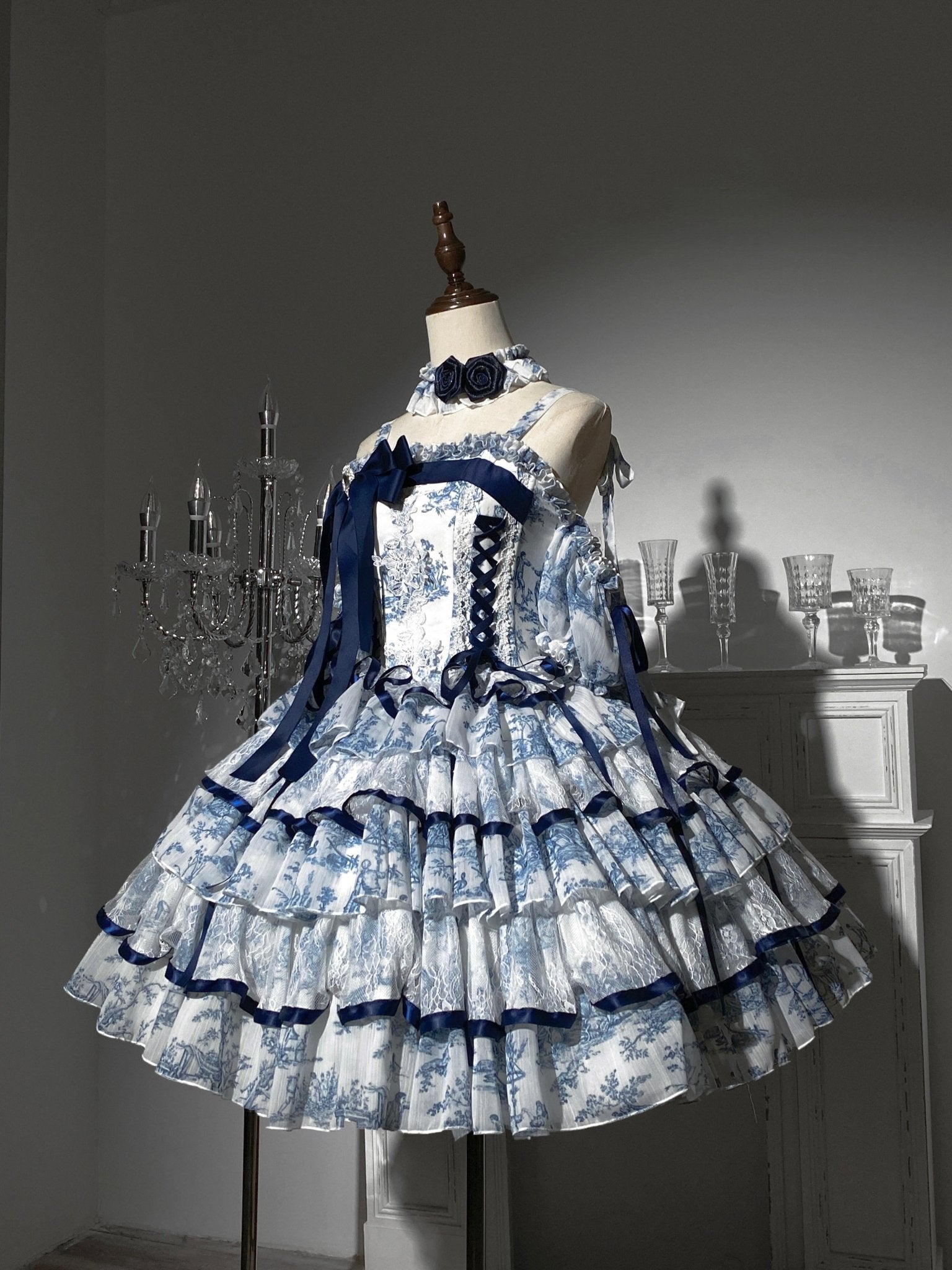 Rain Falling on Celadon Boned Corset Dress - LolitaEra120cmSRain Falling on Celadon Boned Corset Dress