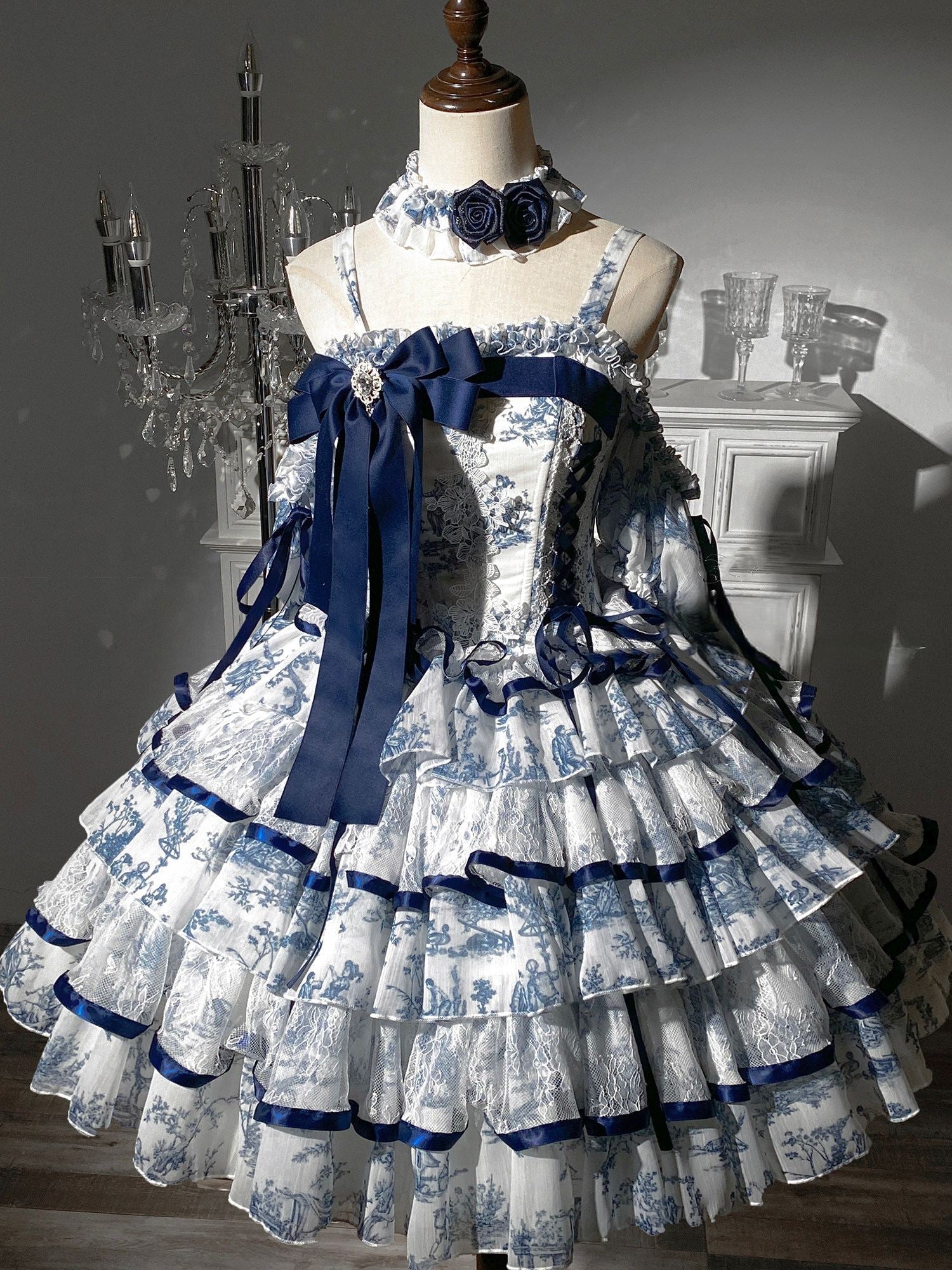 Rain Falling on Celadon Boned Corset Dress - LolitaEra82cmSRain Falling on Celadon Boned Corset Dress