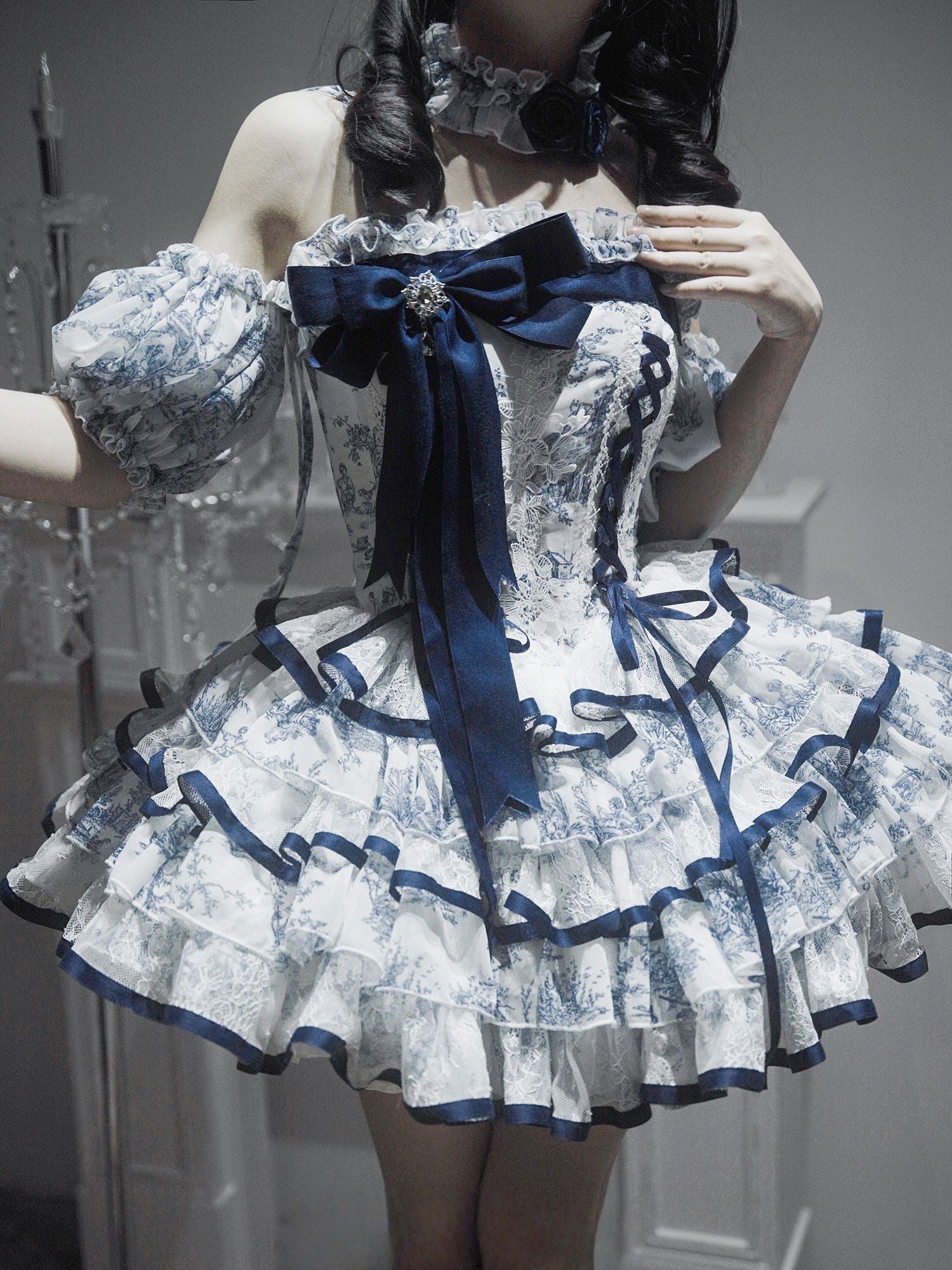 Rain Falling on Celadon Boned Corset Dress - LolitaEra82cmSRain Falling on Celadon Boned Corset Dress