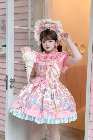 Rainbow Parfait Bunny Strawberry Cake Lolita JSK Dress - LolitaEraBlue JSKSRainbow Parfait Bunny Strawberry Cake Lolita JSK Dress