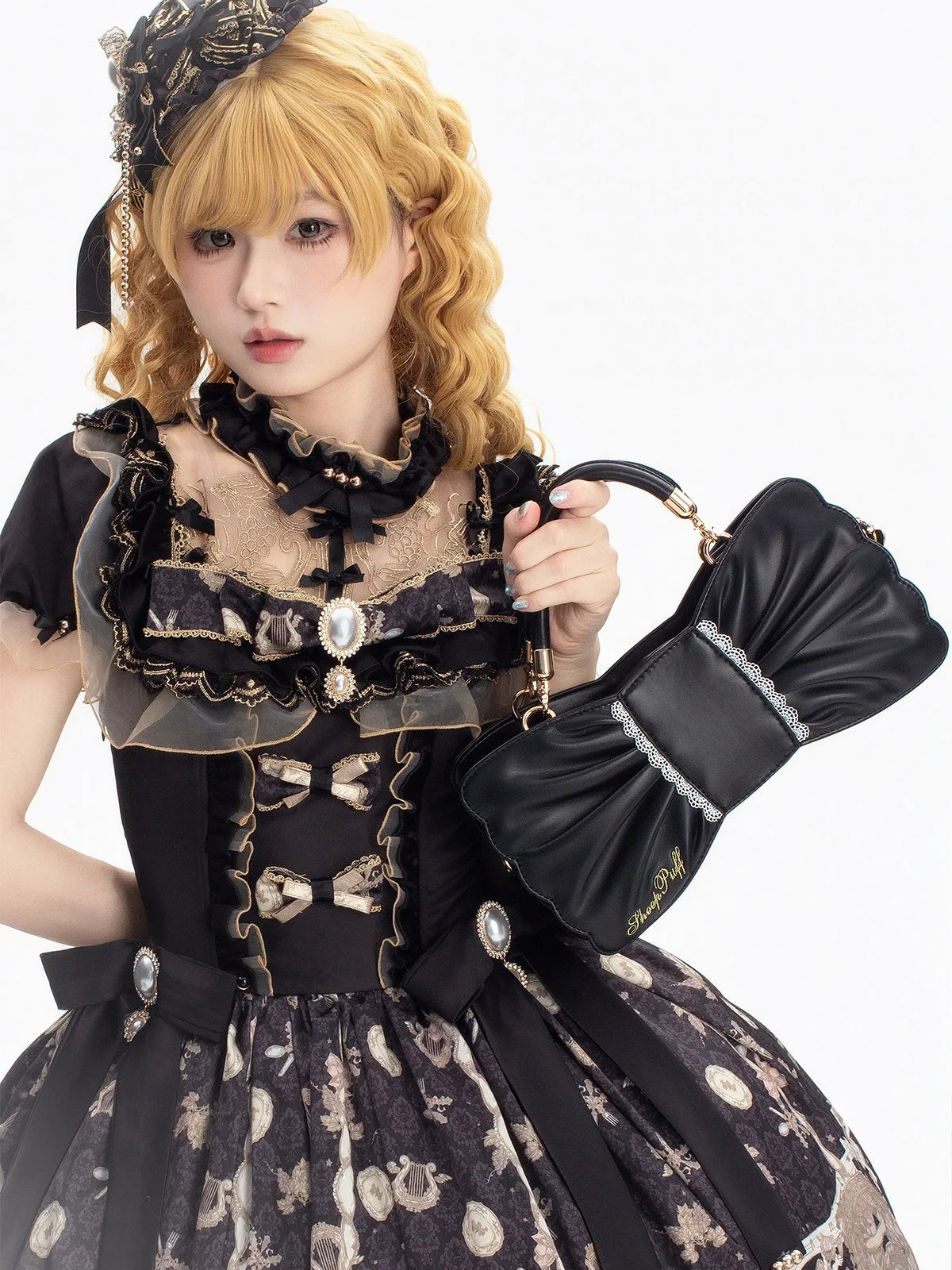 Pearl Bow Lace Trim Lolita Handbag