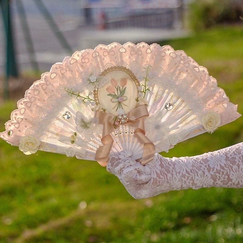 Rococo Classic Lolita Elegant Fan 1252 - LolitaEraPink Single - sided (Non - foldable)Rococo Classic Lolita Elegant Fan 1252