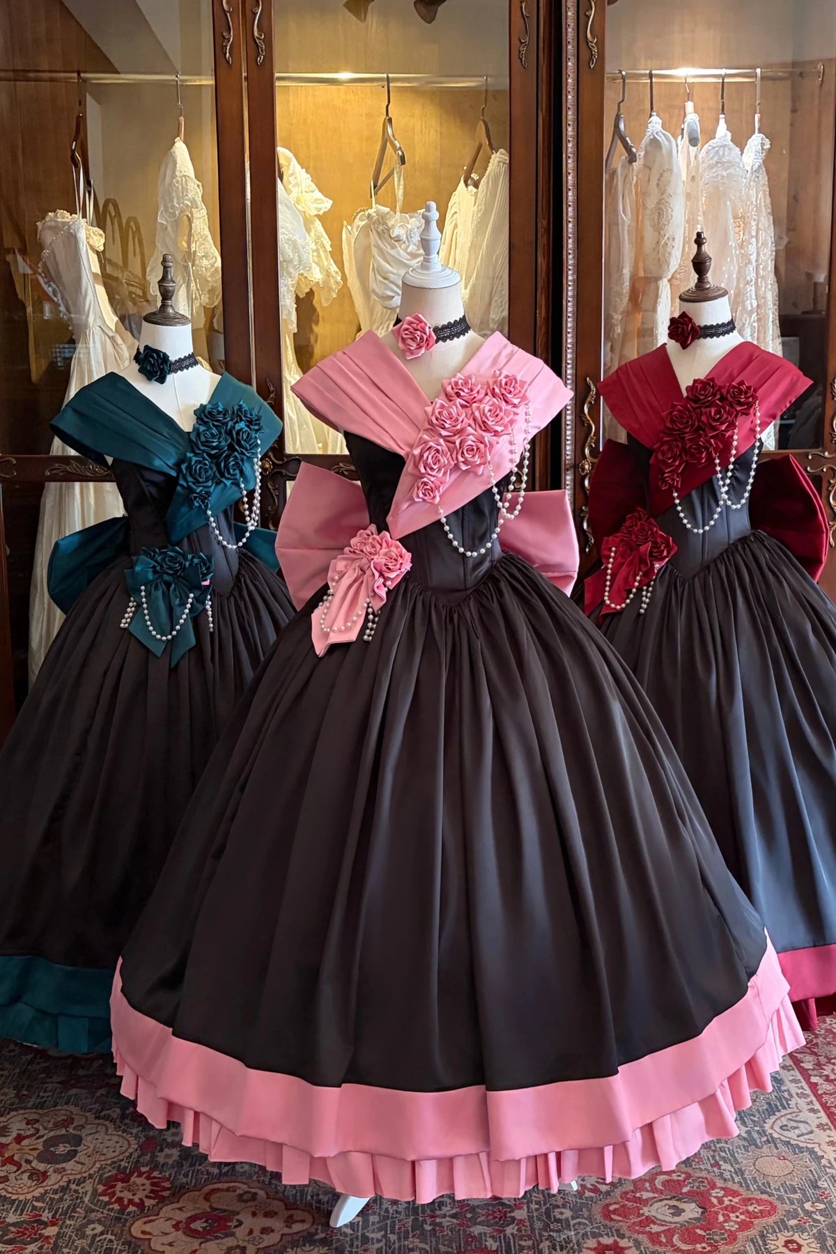Rose 3D Floral Pearl Gothic Lolita Ball Gown OP Dress - LolitaEra