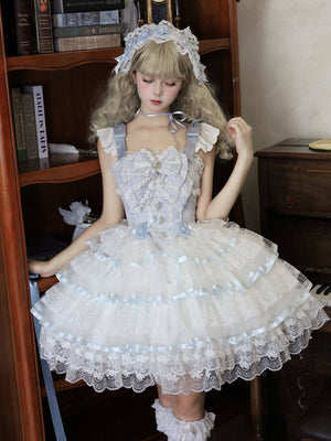 Rose Feather Spin Ballet Sweet Lolita JSK 1337 - LolitaEraBlue JSK + Headdress + Tail WingsSRose Feather Spin Ballet Sweet Lolita JSK 1337