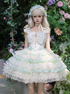 Rose Feather Spin Ballet Sweet Lolita JSK 1337 - LolitaEraBlue JSK + Headdress + Tail WingsSRose Feather Spin Ballet Sweet Lolita JSK 1337