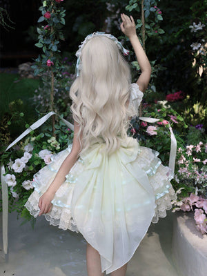 Rose Feather Spin Ballet Sweet Lolita JSK 1337 - LolitaEraGreen JSK + Headdress + Tail WingsSRose Feather Spin Ballet Sweet Lolita JSK 1337