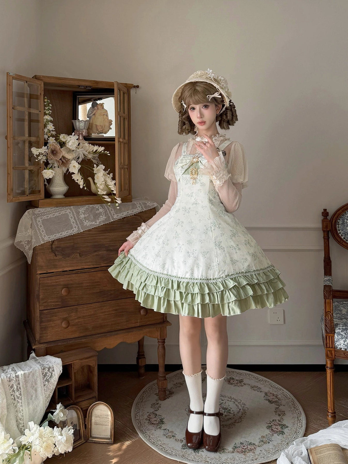 Rose Spring Romance Pink Green Floral Classic Lolita JSK Dress - LolitaEra