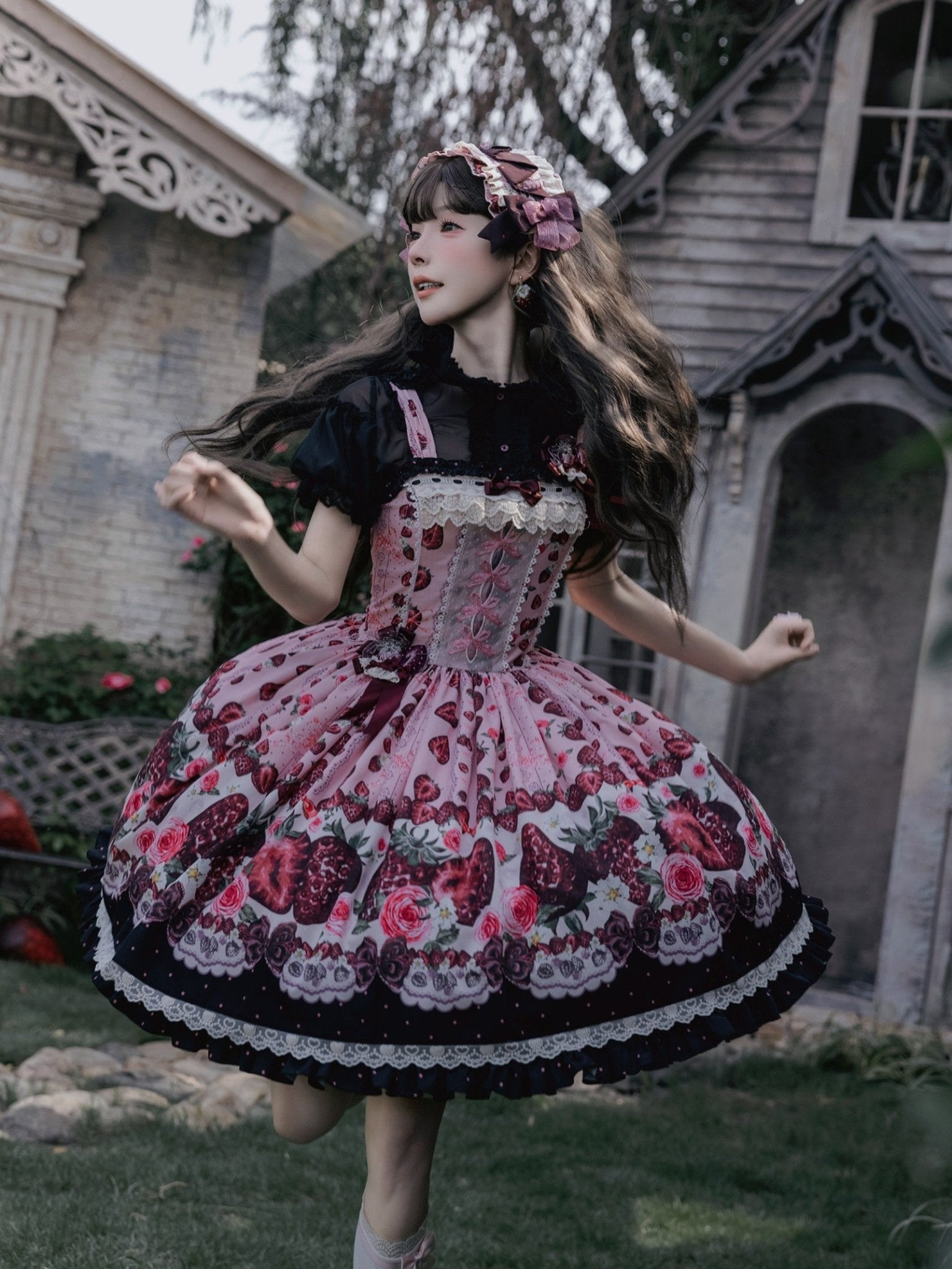 Rotten Berry Fairy Tale Strawberry Print Sweet Gothic Lolita JSK Dress - LolitaEra