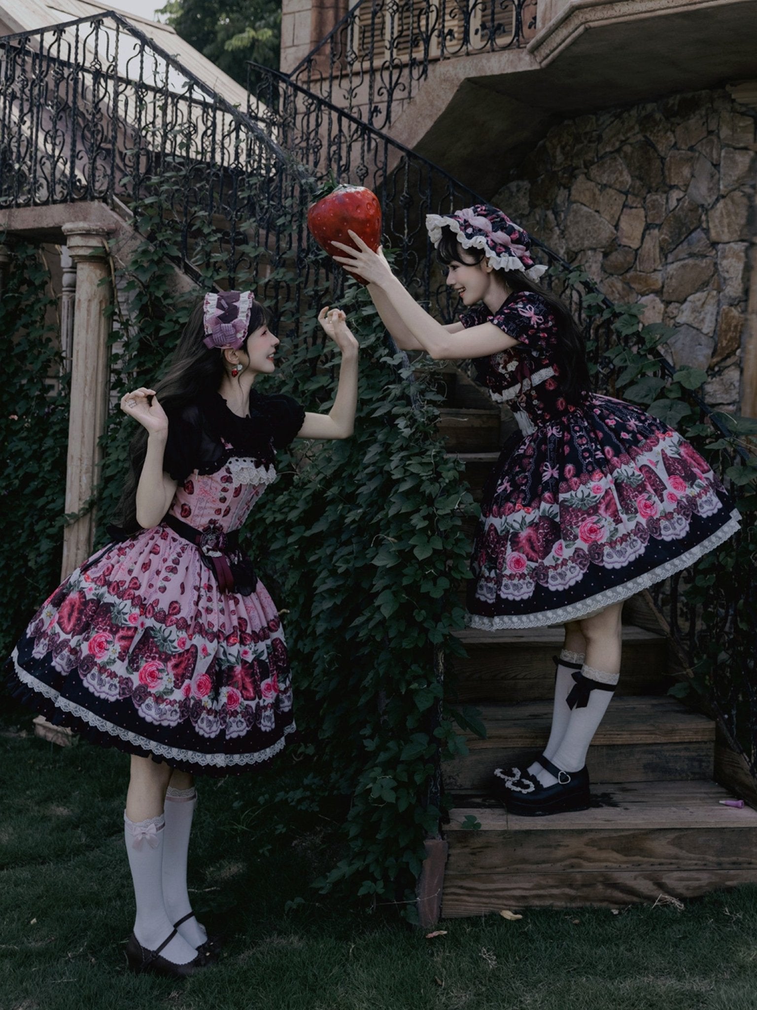 Rotten Berry Fairy Tale Strawberry Print Sweet Gothic Lolita OP Dress - LolitaEra