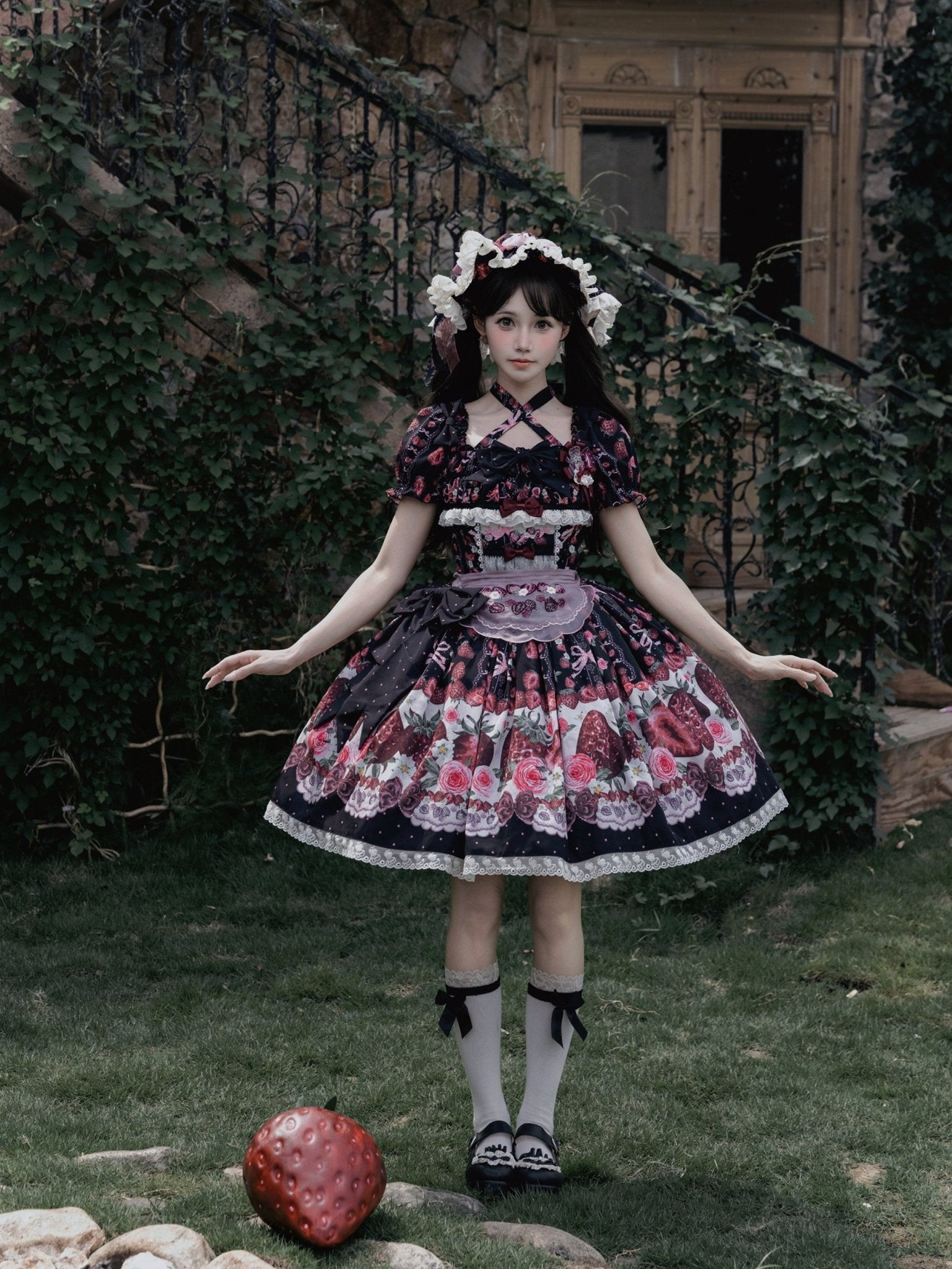 Rotten Berry Fairy Tale Strawberry Print Sweet Gothic Lolita OP Dress - LolitaEra