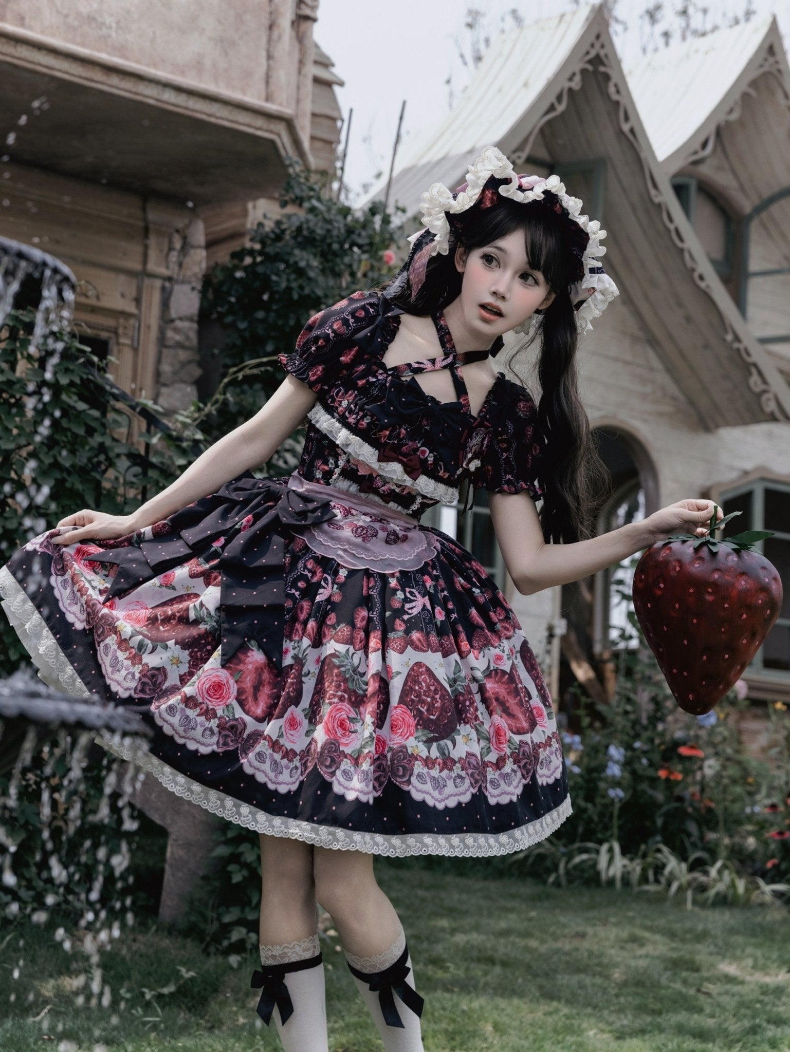 Rotten Berry Fairy Tale Strawberry Print Sweet Gothic Lolita OP Dress - LolitaEra