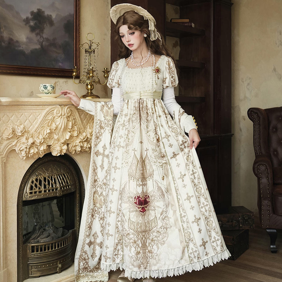 Sacred Coronation Gothic Cathedral Print Empire Lolita OP Dress Set - LolitaEra