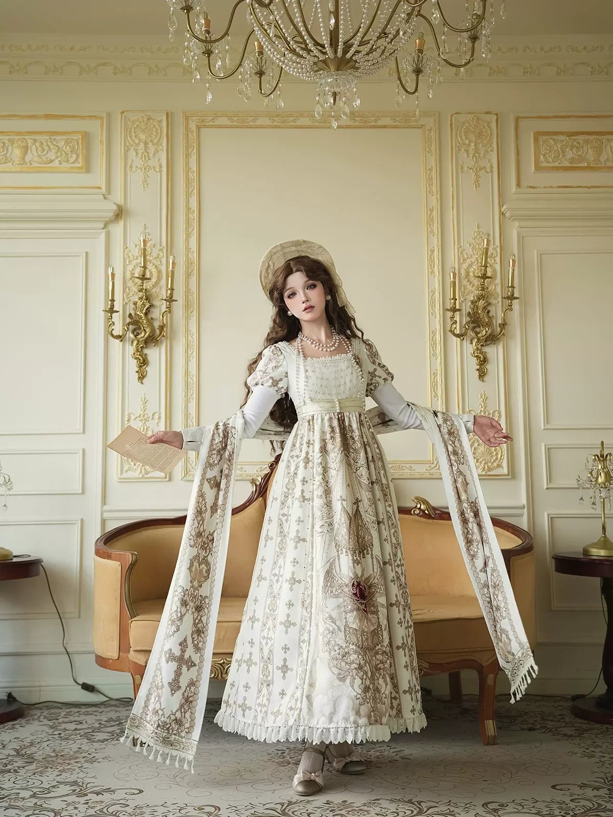 Sacred Coronation Gothic Cathedral Print Empire Lolita OP Dress Set - LolitaEra