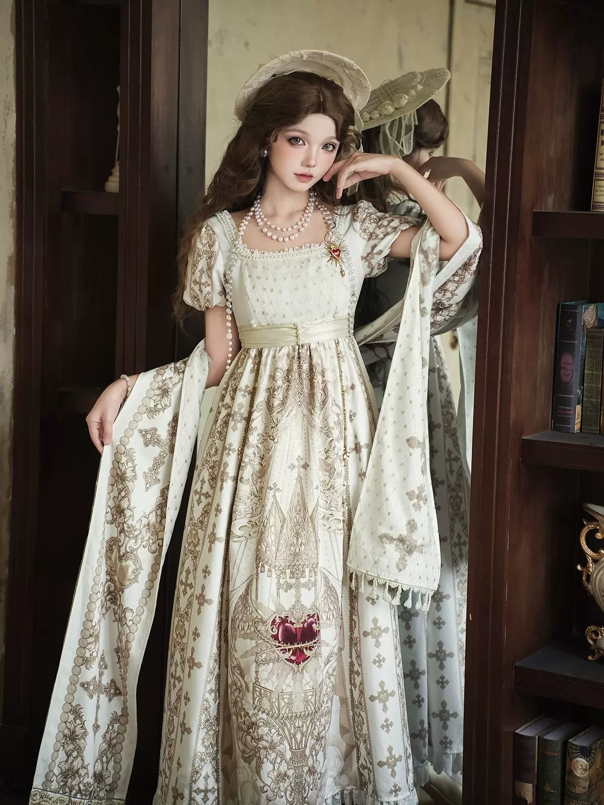Sacred Coronation Gothic Cathedral Print Empire Lolita OP Dress Set - LolitaEra
