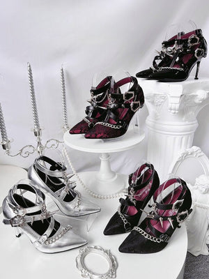 Scarlet Sorceress Pointed - Toe Metallic Stiletto Heels LE5114 - LolitaEraLace black34Scarlet Sorceress Pointed - Toe Metallic Stiletto Heels LE5114