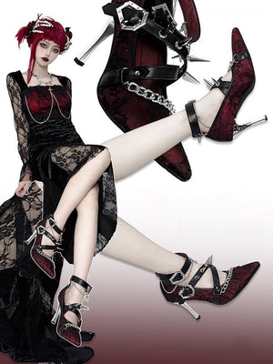 Scarlet Sorceress Pointed - Toe Metallic Stiletto Heels LE5114 - LolitaEraLace black34Scarlet Sorceress Pointed - Toe Metallic Stiletto Heels LE5114