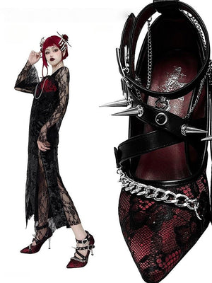 Scarlet Sorceress Pointed - Toe Metallic Stiletto Heels LE5114 - LolitaEraLace black34Scarlet Sorceress Pointed - Toe Metallic Stiletto Heels LE5114