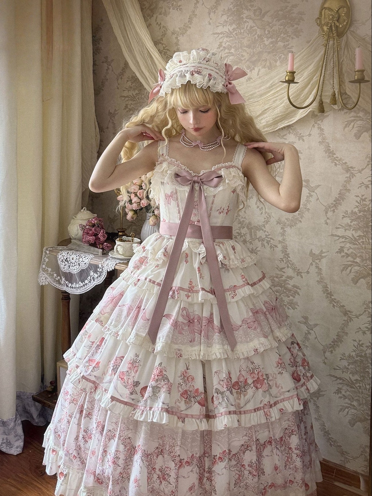 Secret Garden Lolita Pink JSK Dress LE1204 - LolitaEraPink JSKSSecret Garden Lolita Pink JSK Dress LE1204