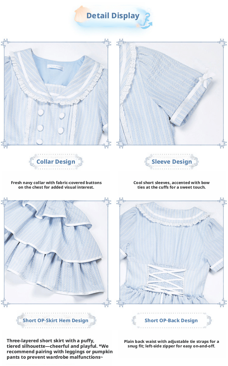 Seven Day Bell Navy Collar Tiered Short OP Lolita Dress - LolitaEraLong OP 4 - Piece Set (OP + Apron + Brooch + Hair Clip)SSeven Day Bell Navy Collar Tiered Short OP Lolita Dress