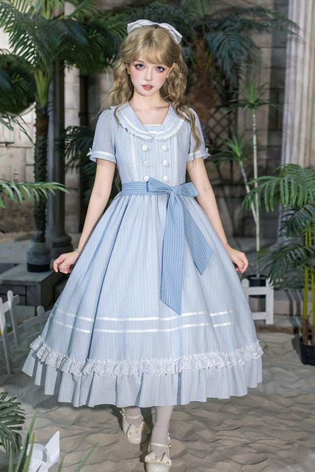 Seven Day Bell Navy Collar Tiered Short OP Lolita Dress - LolitaEraLong OP 4 - Piece Set (OP + Apron + Brooch + Hair Clip)SSeven Day Bell Navy Collar Tiered Short OP Lolita Dress