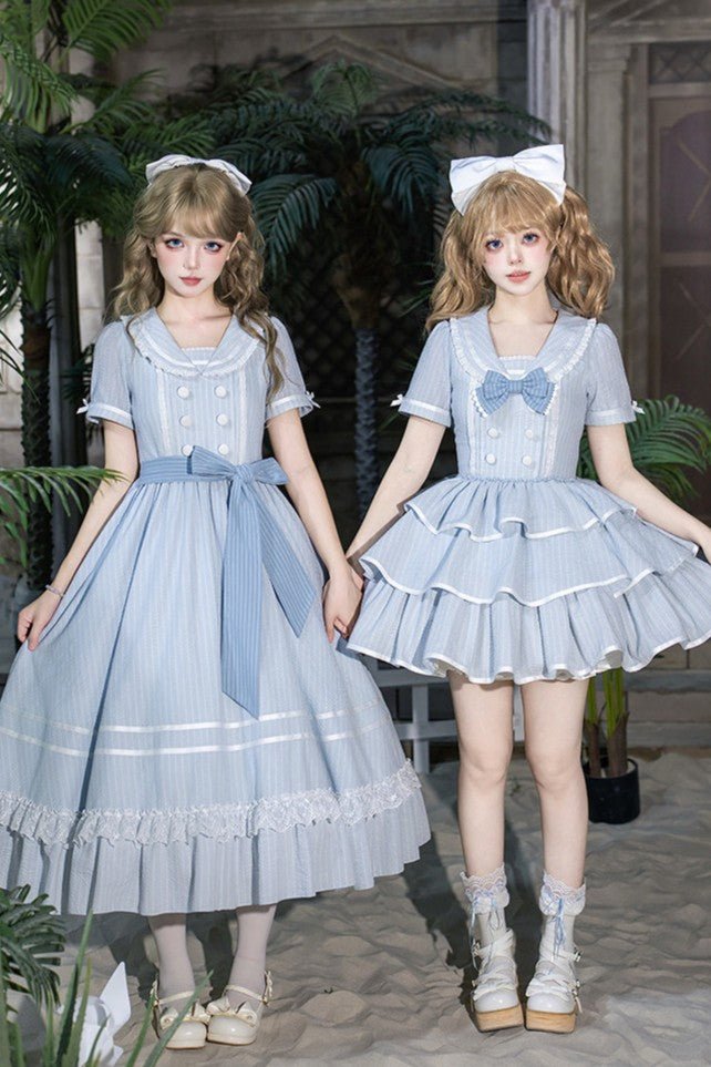 Seven Day Bell Navy Collar Tiered Short OP Lolita Dress - LolitaEraLong OP 4 - Piece Set (OP + Apron + Brooch + Hair Clip)SSeven Day Bell Navy Collar Tiered Short OP Lolita Dress