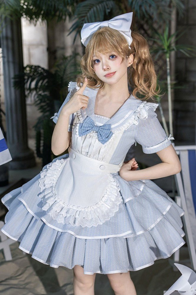 Seven Day Bell Navy Collar Tiered Short OP Lolita Dress - LolitaEraLong OP 4 - Piece Set (OP + Apron + Brooch + Hair Clip)SSeven Day Bell Navy Collar Tiered Short OP Lolita Dress