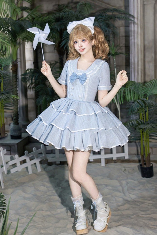 Seven Day Bell Navy Collar Tiered Short OP Lolita Dress - LolitaEraLong OP 4 - Piece Set (OP + Apron + Brooch + Hair Clip)SSeven Day Bell Navy Collar Tiered Short OP Lolita Dress