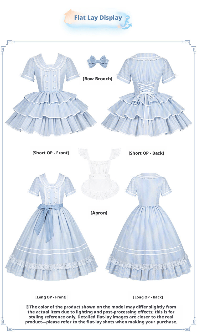 Seven Day Bell Navy Collar Tiered Short OP Lolita Dress - LolitaEraLong OP 4 - Piece Set (OP + Apron + Brooch + Hair Clip)SSeven Day Bell Navy Collar Tiered Short OP Lolita Dress