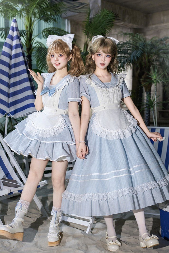 Seven Day Bell Navy Collar Tiered Short OP Lolita Dress - LolitaEraLong OP 4 - Piece Set (OP + Apron + Brooch + Hair Clip)SSeven Day Bell Navy Collar Tiered Short OP Lolita Dress