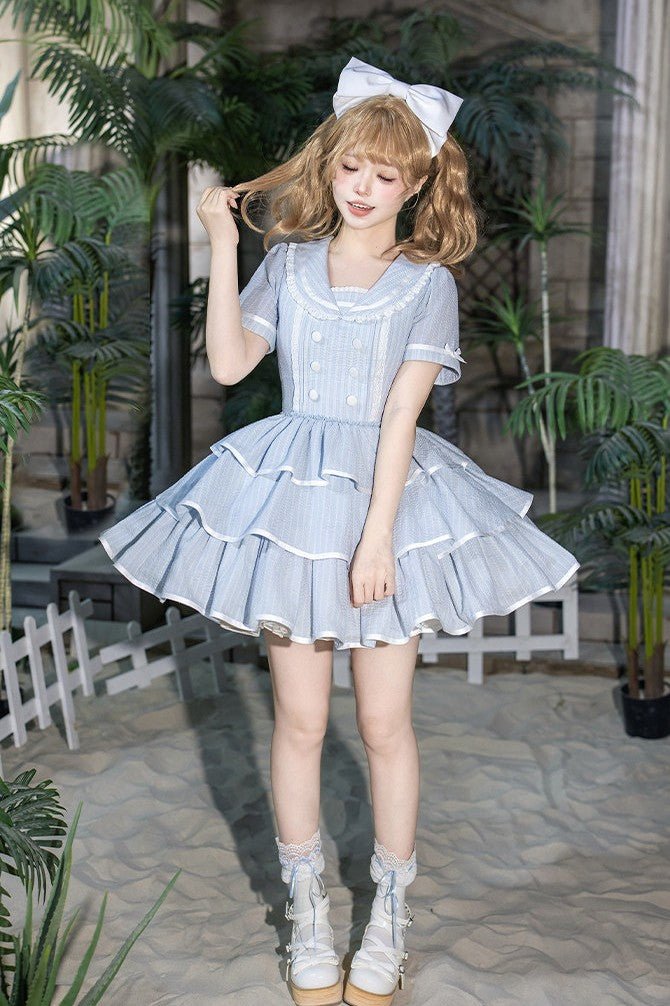 Seven Day Bell Navy Collar Tiered Short OP Lolita Dress - LolitaEraLong OP 4 - Piece Set (OP + Apron + Brooch + Hair Clip)SSeven Day Bell Navy Collar Tiered Short OP Lolita Dress