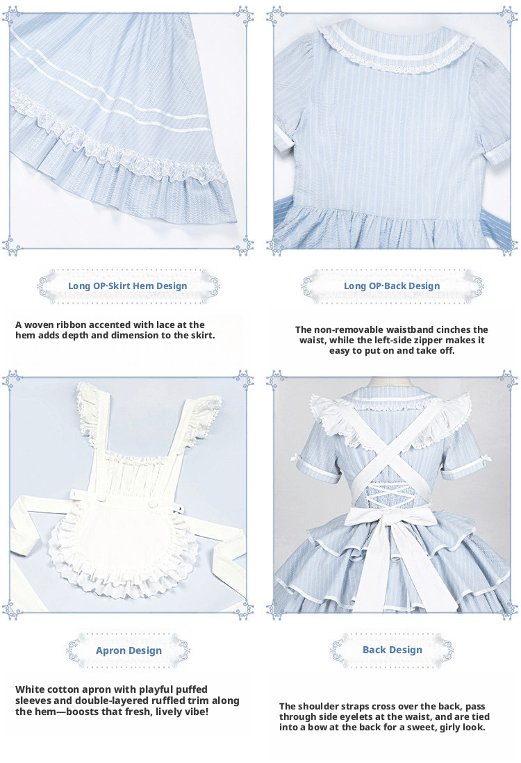 Seven Day Bell Navy Collar Tiered Short OP Lolita Dress - LolitaEraLong OP 4 - Piece Set (OP + Apron + Brooch + Hair Clip)SSeven Day Bell Navy Collar Tiered Short OP Lolita Dress