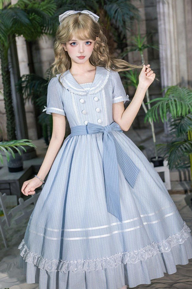 Seven Day Bell Navy Collar Tiered Short OP Lolita Dress - LolitaEraLong OP 4 - Piece Set (OP + Apron + Brooch + Hair Clip)SSeven Day Bell Navy Collar Tiered Short OP Lolita Dress