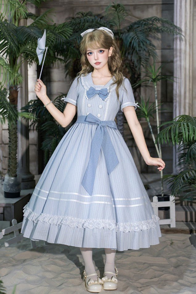 Seven Day Bell Navy Collar Tiered Short OP Lolita Dress - LolitaEraLong OP 4 - Piece Set (OP + Apron + Brooch + Hair Clip)SSeven Day Bell Navy Collar Tiered Short OP Lolita Dress