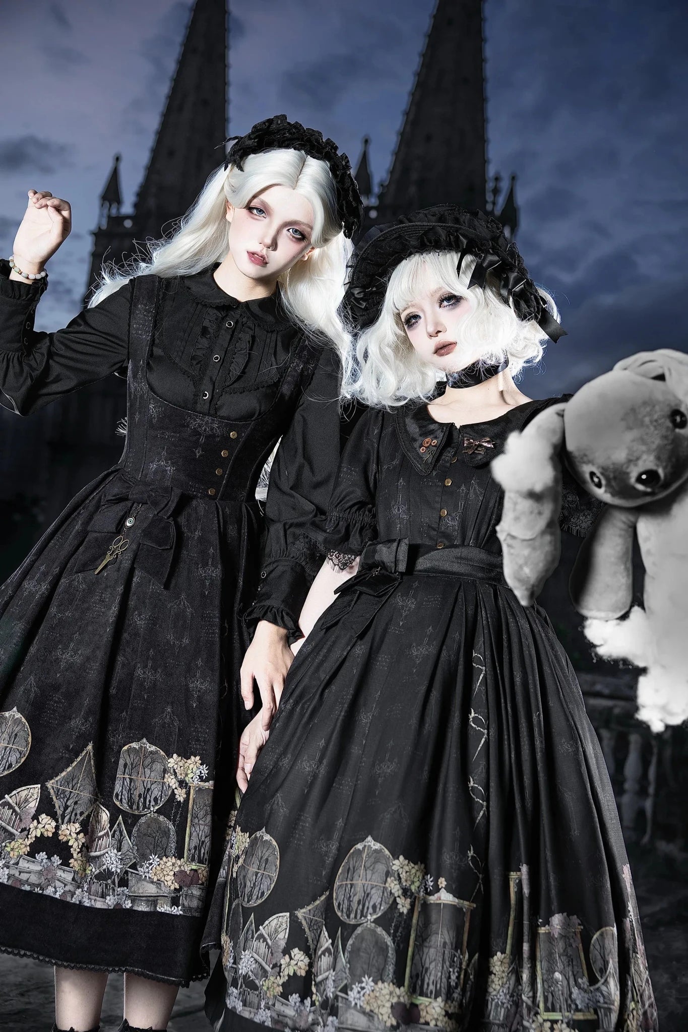 Shadow Window Lolita Gothic Peter‑pan Collar OP & Velvet JSK Dress - LolitaEra
