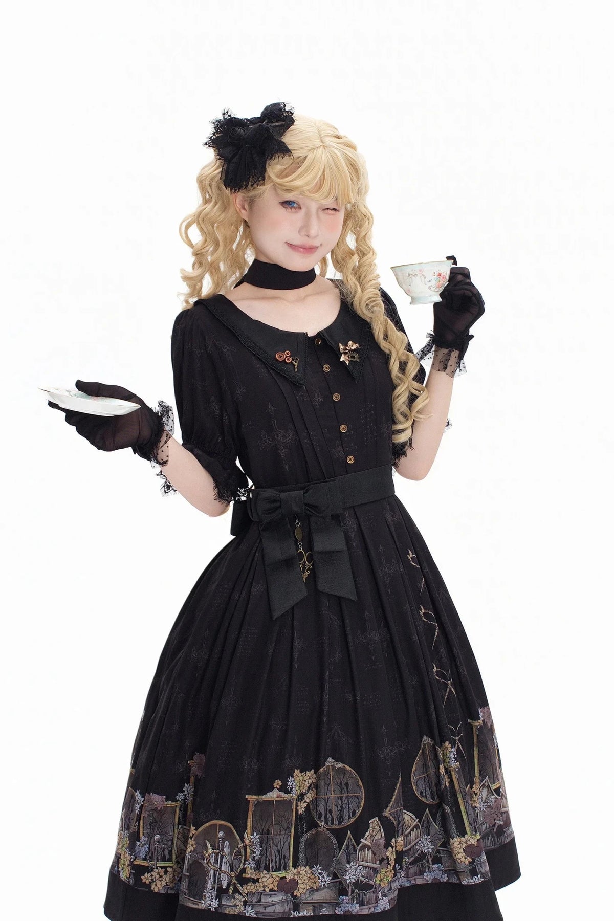 Shadow Window Lolita Gothic Peter‑pan Collar OP & Velvet JSK Dress - LolitaEra