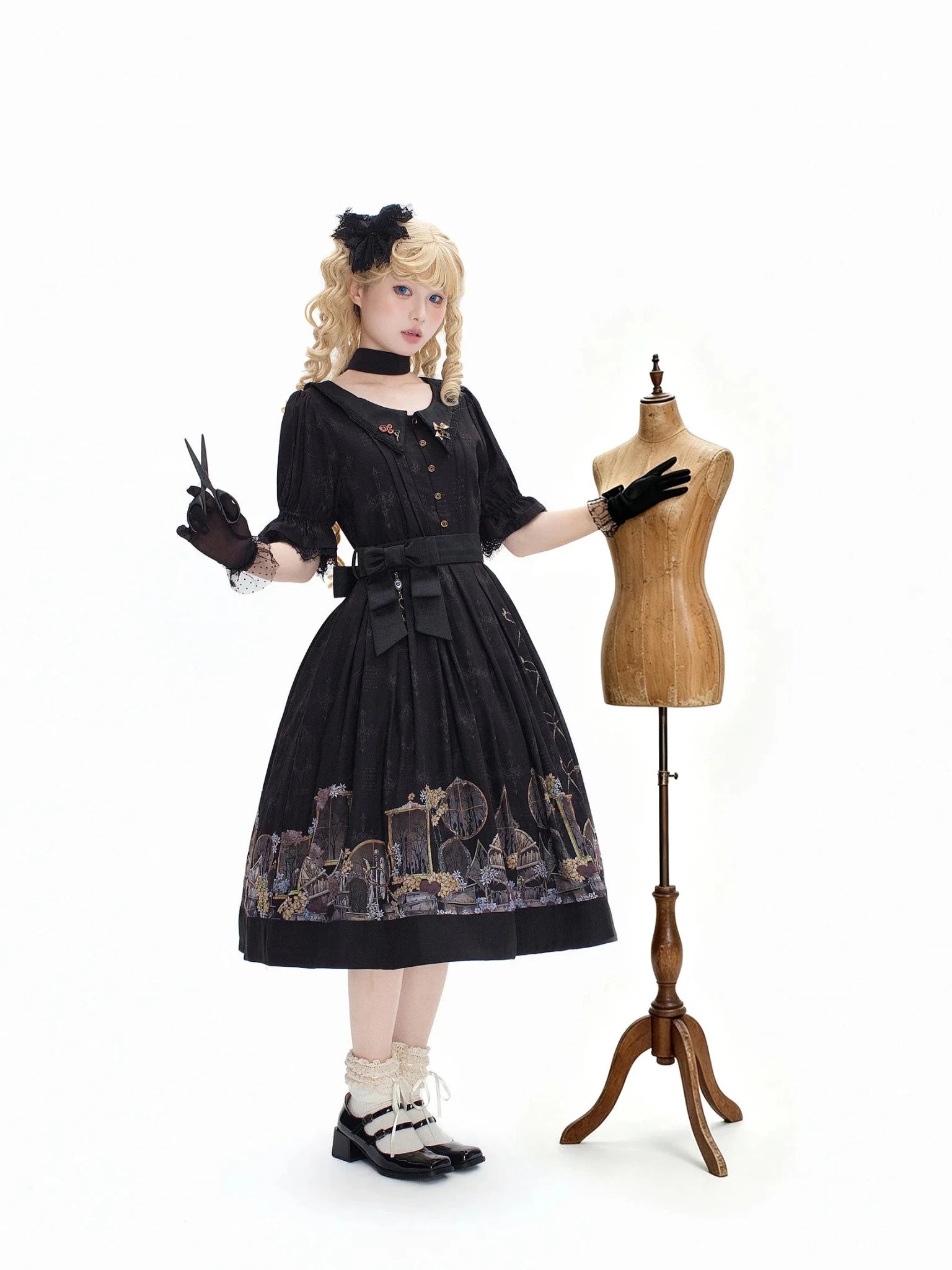 Shadow Window Lolita Gothic Peter‑pan Collar OP & Velvet JSK Dress - LolitaEra