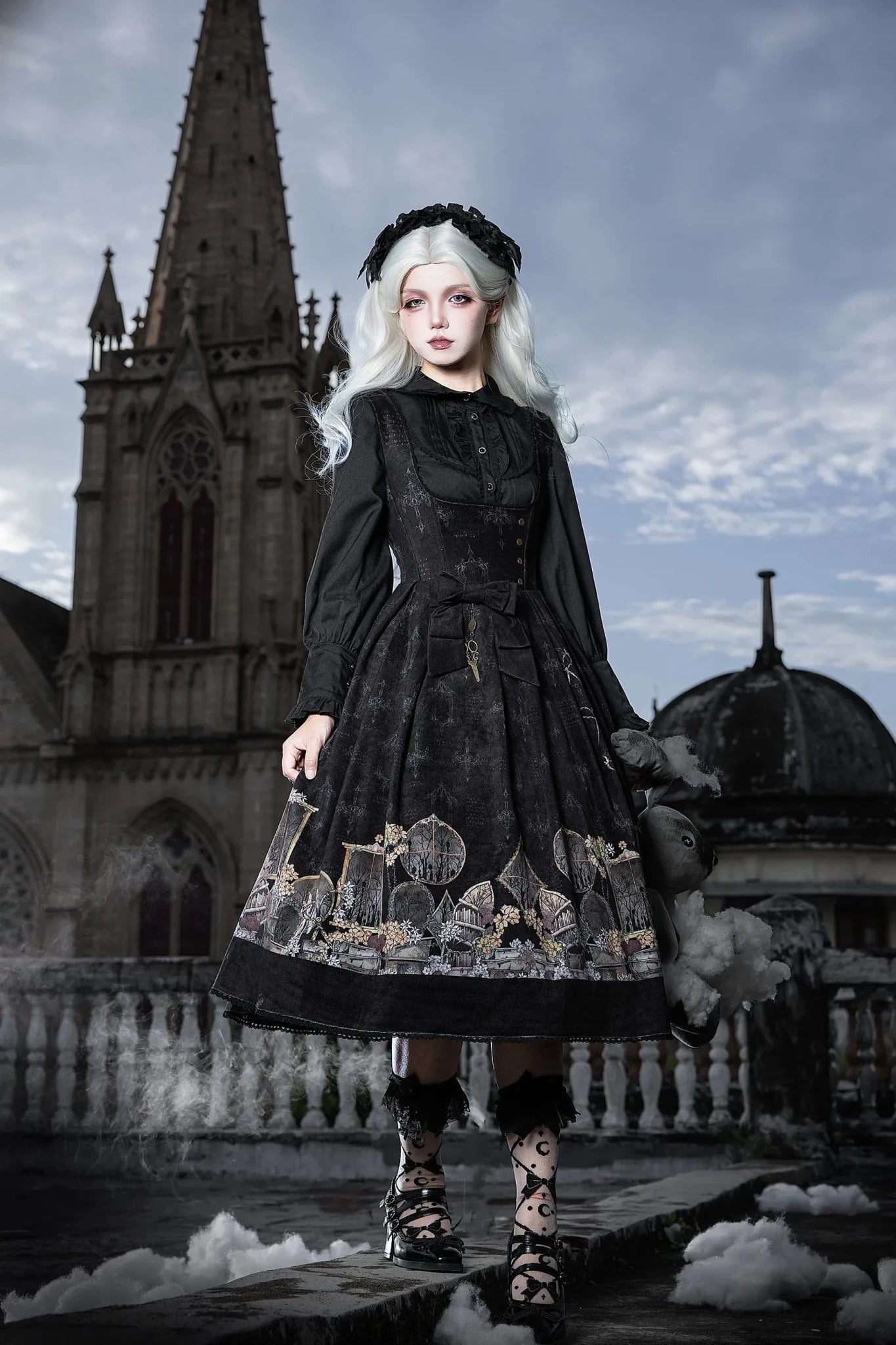 Shadow Window Lolita Gothic Peter‑pan Collar OP & Velvet JSK Dress - LolitaEra