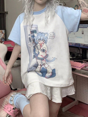 Shock Kitty Pastel Blue Anime Subculture Top - LolitaEraBlueSShock Kitty Pastel Blue Anime Subculture Top