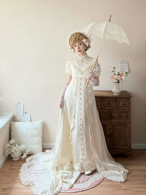 Short Puff Sleeve Empire Waist Lace Dress - LolitaEraTrain SkirtWhiteMShort Puff Sleeve Empire Waist Lace Dress