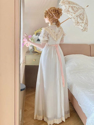 Short Puff Sleeve Empire Waist Lace Dress - LolitaEraTrain SkirtWhiteMShort Puff Sleeve Empire Waist Lace Dress