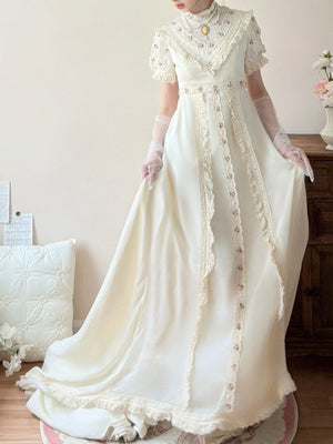 Short Puff Sleeve Empire Waist Lace Dress - LolitaEraTrain SkirtWhiteMShort Puff Sleeve Empire Waist Lace Dress