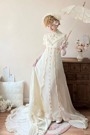 Short Puff Sleeve Empire Waist Lace Dress - LolitaEraTrain SkirtWhiteMShort Puff Sleeve Empire Waist Lace Dress