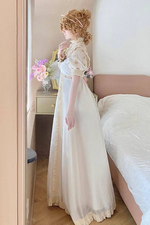 Short Puff Sleeve Empire Waist Lace Dress - LolitaEraTrain SkirtWhiteMShort Puff Sleeve Empire Waist Lace Dress