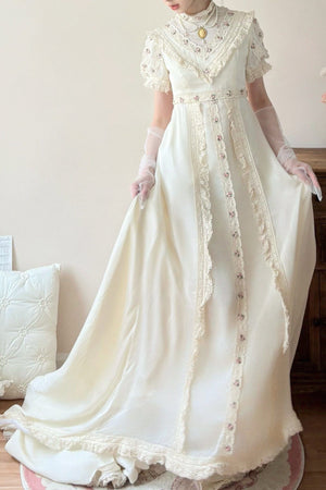 Short Puff Sleeve Empire Waist Lace Dress - LolitaEraTrain SkirtWhiteMShort Puff Sleeve Empire Waist Lace Dress