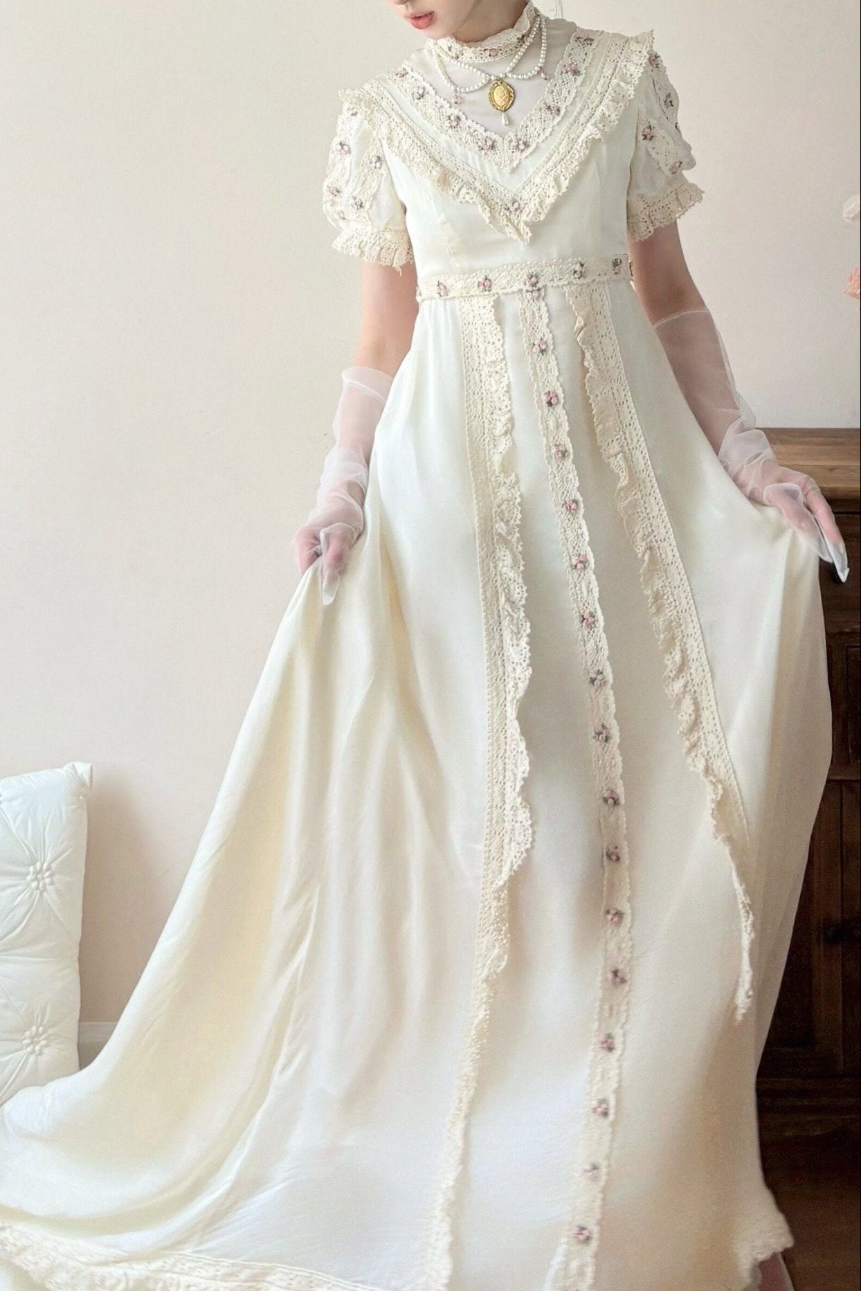 Short Puff Sleeve Empire Waist Lace Dress - LolitaEraTrain SkirtWhiteMShort Puff Sleeve Empire Waist Lace Dress
