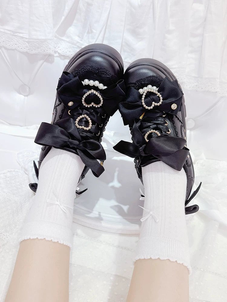 Showa Bubble Pearl Heart Bow Platform Shoes - LolitaEra