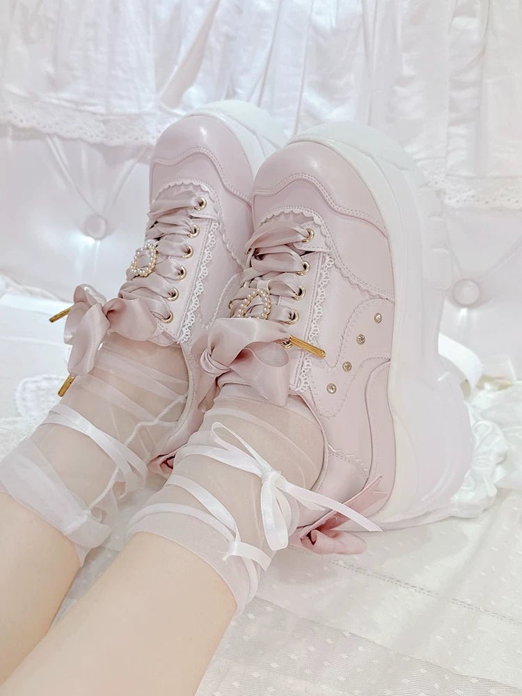 Showa Bubble Pearl Heart Bow Platform Shoes - LolitaEra