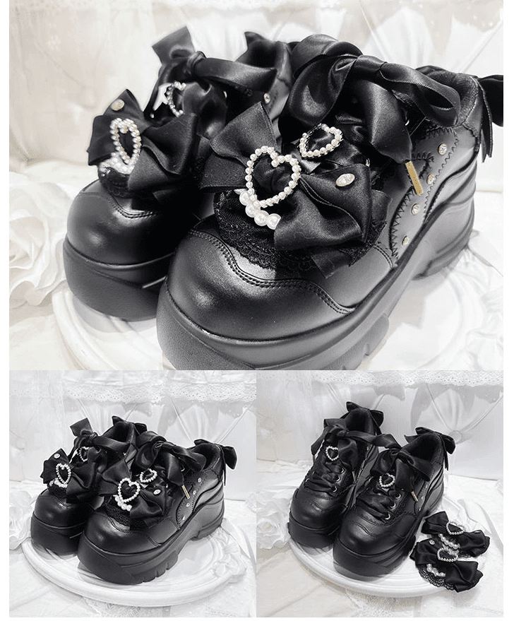 Showa Bubble Pearl Heart Bow Platform Shoes - LolitaEra