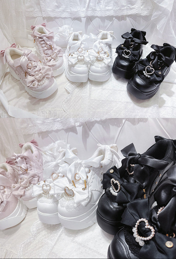 Showa Bubble Pearl Heart Bow Platform Shoes - LolitaEra